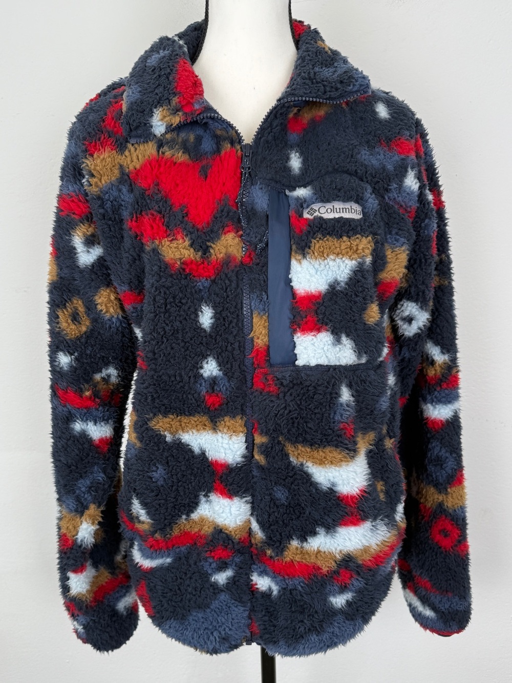 Columbia Size M Winter Pass Print Sherpa Fleece Blue / Red Full Zip Jacket